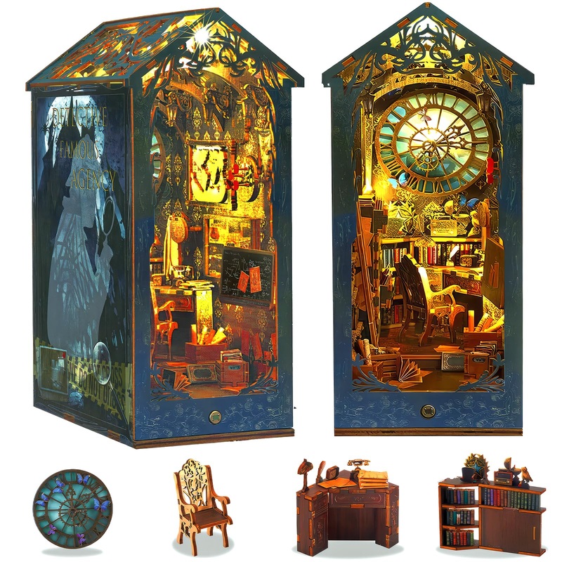 Catcrafter Book Nook Kit – Detective Agency Booknook For Bookshelf Decor, Diy Miniature House Kit, 3D Wooden Puzzle Dollhouse, C