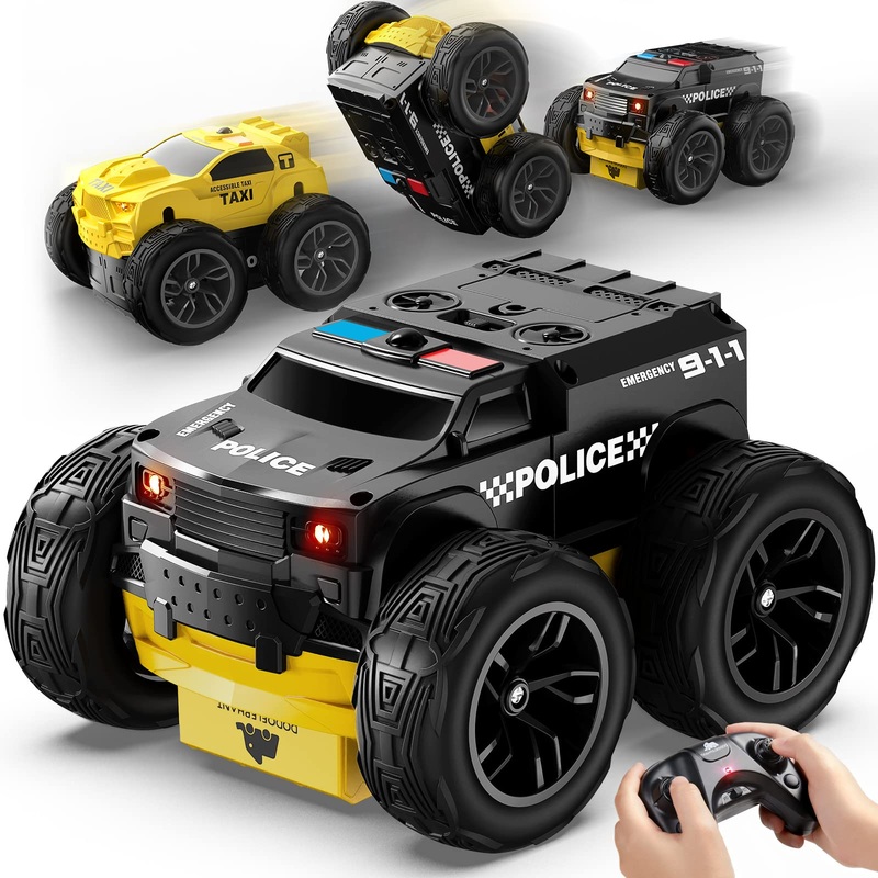 Dodoelephant Remote Control Police Car,Rc Cars Toys For Boys 2In1 Double Sided Taxi Police 1:28 Scale 4Wd All Terrains 360 Flip