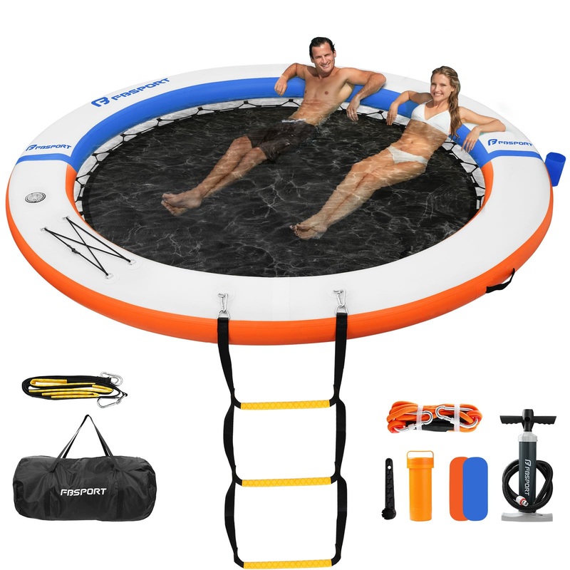 Fbsport Inflatable Dock Floating Platform, 8Ft Inflatable Water Hammock Floating Deck For Lake W/Cupholder, Round Floating Ring