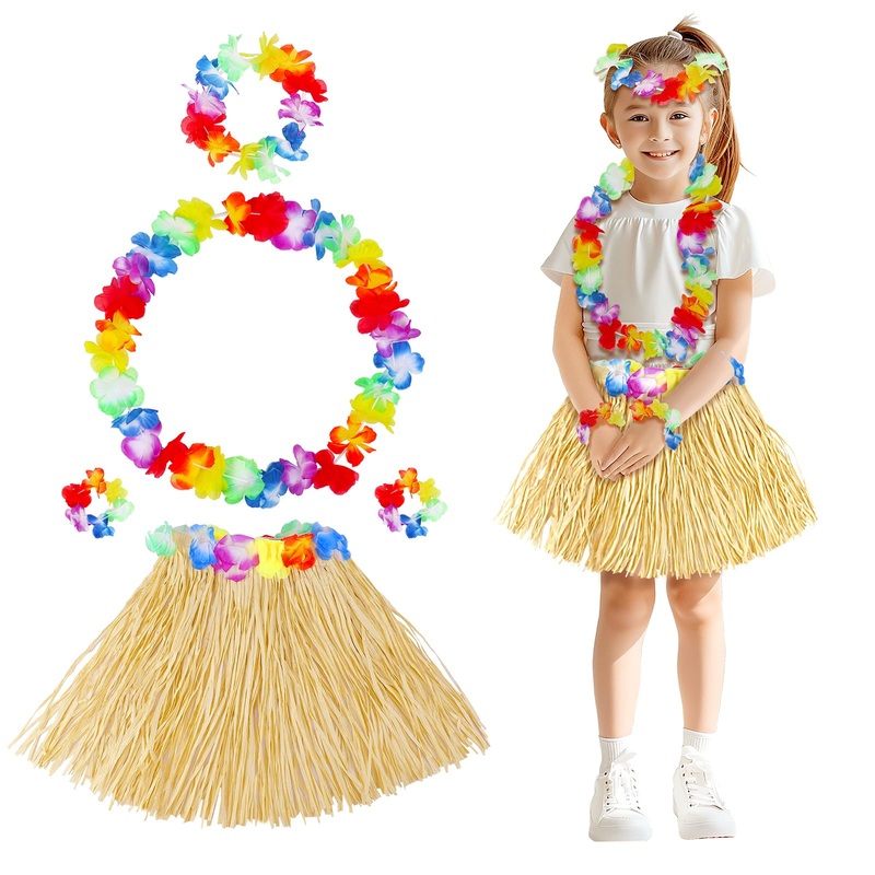 Fortuning’S Jds Girl’S Hawaiian Hula Grass Skirt With Flowers Costume Set Raffia Skirt For Luau Tropical Beach Party