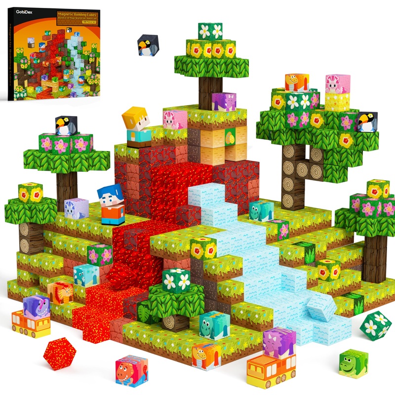 Gobidex 100Pcs Magnetic Building Blocks Volcano Dinosaur Set For Toddler, Sensory Stem Toys For Kids Ages 3-5 5-7 4-8, Birthday