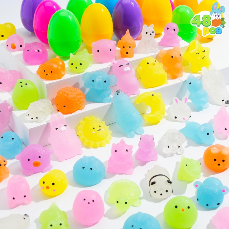 Joyin 48 Pcs Easter Prefilled Eggs With Mochi Squishy Toys, Glitter Stress Reliever Squishy Toy For Easter Egg Hunt, Kids Party