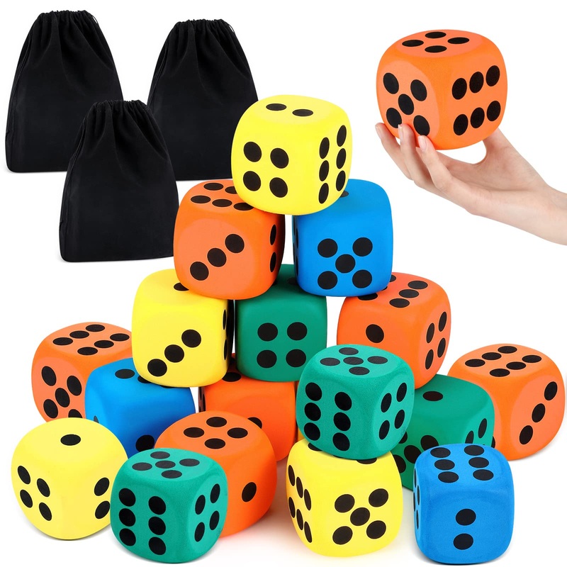 Meooeck 18 Pcs 3.15” Large Eva Foam Dice Assorted Colors Soft Dot Dice Foam Yard Cubes With Number Dots And Storage Bag For Bui