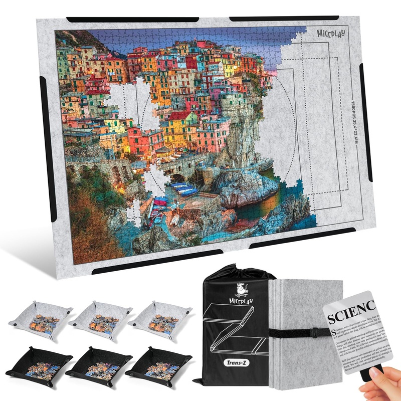 Miceplay Jigsaw Puzzle Board With 6 Sorting Trays, Foldable Puzzle Mat With Auxiliary Lines For Puzzle Storage Saver, 39” X 26′