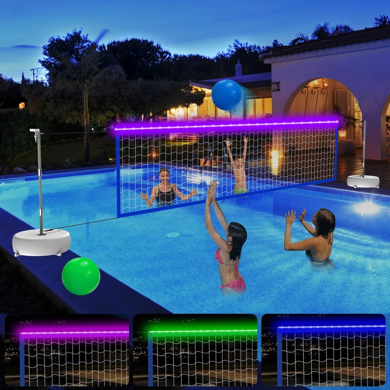Pool Volleyball Net Set With Lights, Solar Powered Portable Outdoor Led Volleyball Net For Pool With 2 Glowing Balls,Pump And We