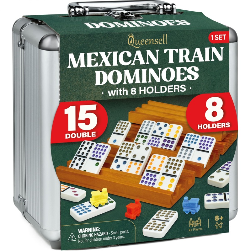 Queensell Mexican Train Dominoes Set Double 15 With 8 Holders – Wooden Hub And Tiles Holders – Double 15 With Dots (D15 + 8 Hold