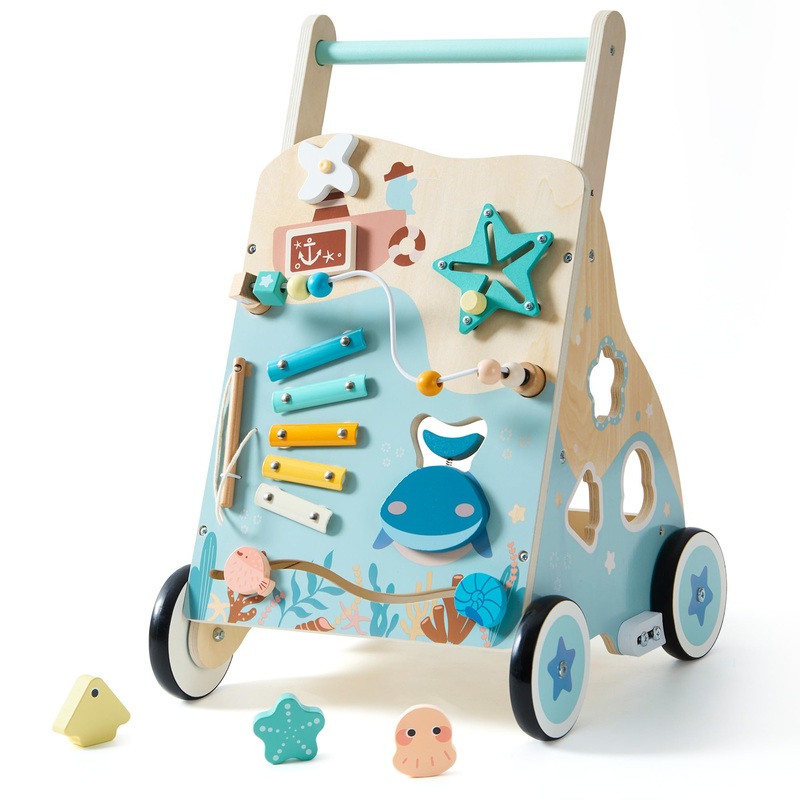 Robotime Wooden Baby Push Walker, Ocean-Themed Wooden Baby Walker With Wheels, Sit-To-Stand Activity Center, Push Toy For Toddle