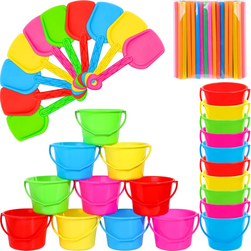 Sand Buckets And Shovels Set For Kids – Plastic Bucket Beach Pail With 100 Straws For Summer Holiday Party Favors(20 Sets)
