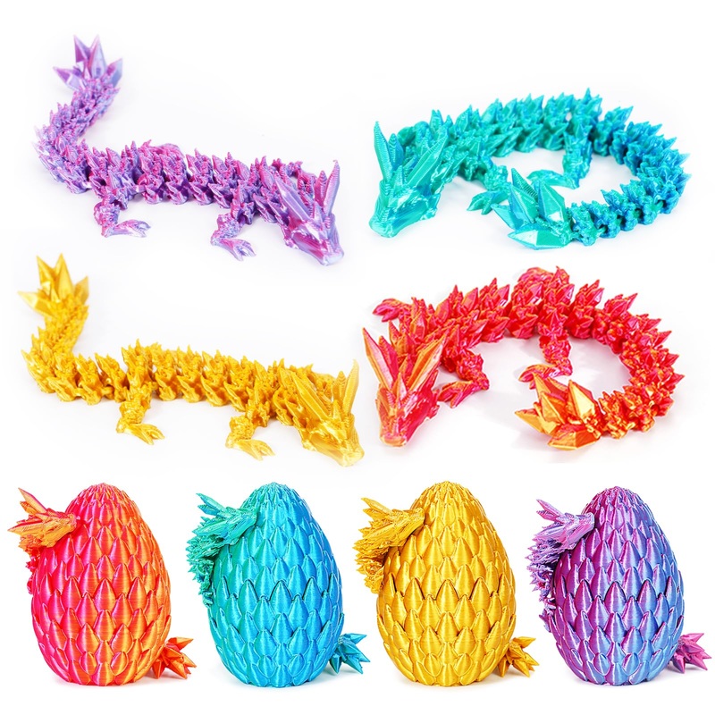 Shuwnd 4Pcs 3D Printed Dragon Eggs With Dragon Inside,Mini Easter Eggs Articulated Crystal Dragon Fidget Toys,Easter Basket Stuf