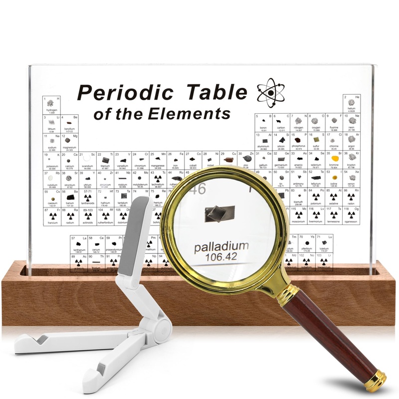 Sircles Periodic Table With Real Elements Inside – Includes Magnifying Glass, Wooden Stand, Tripod – Transparent Acrylic Glass –