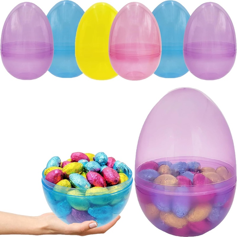 The Dreidel Company 6” Inch Fillable Easter Eggs 12-Pack Jumbo Translucent, Colorful Plastic Jumbo Easter, Stands Upright, Perf