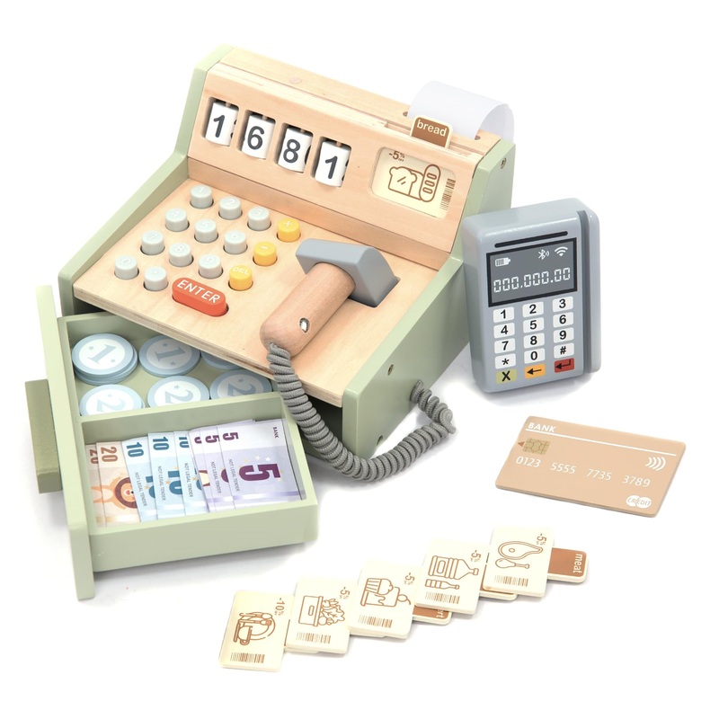 Umu Wooden Cash Register For Kids – Includes Accessories (Scanner, Payment Terminal, Play Money, Etc.), Role Play Shop & Accesso