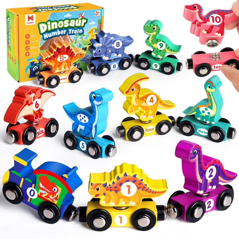 Wooden Dinosaur Train Set, Magnetic Dinosaur Toys And Number Train For Toddlers, Educational Montessori Toy For Counting And Mot