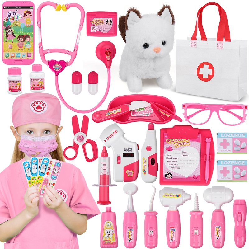 33Pcs Pet Doctor Kit For Toddlers – Dress Up Costume & Pretend Doctor Play Set With Cat Toy, Stethoscope, Pet Vet Roleplay Toys,