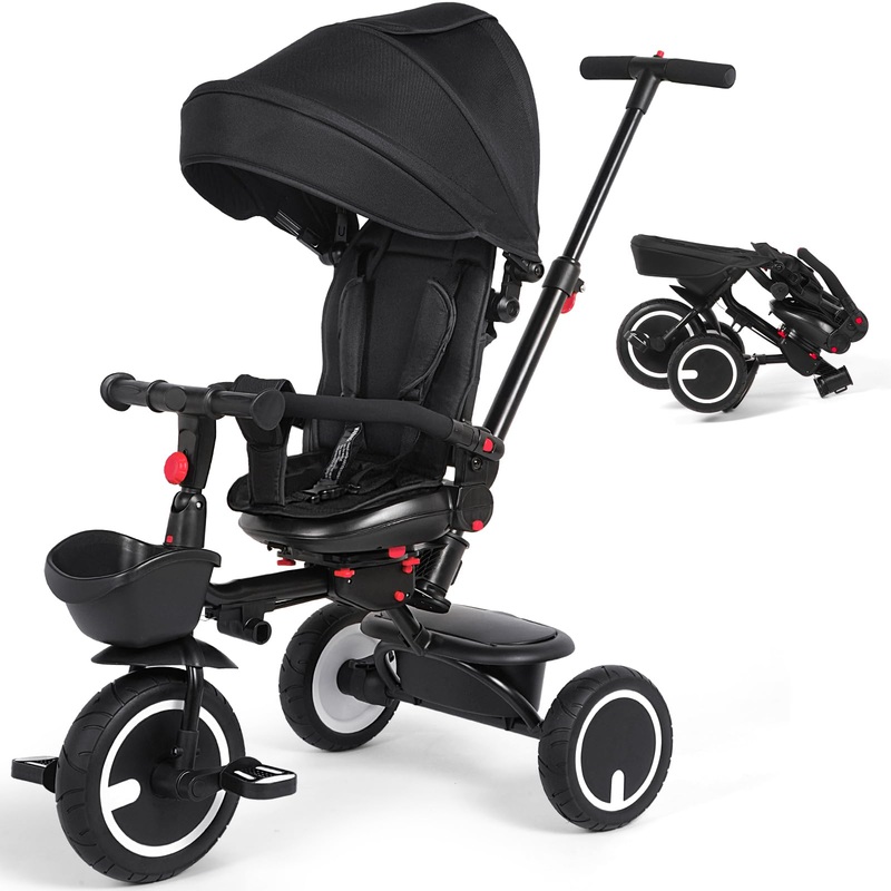 8 In 1 Tricycle For Toddlers 7 Months To 5 Years, Folding Baby Tricycle With Push Handle, Kids Push Trike With Safety Belt, Hand
