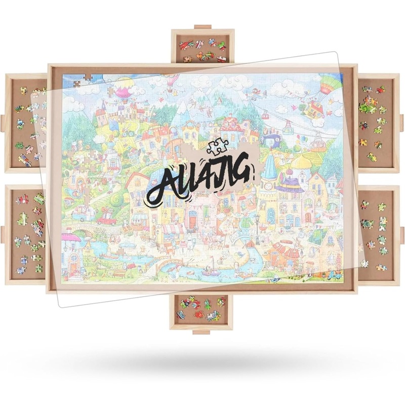 All4Jig 1000 Pieces Rotating Puzzle Board With 6 Drawers And Cover,22”X30”Portable Wooden Jigsaw Puzzle Table For Adults,Lazy