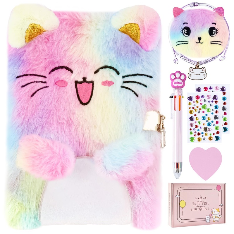 Cat Diary With Lock, Gift For 6 7 8 Year Old Girl, Secret Diary Journal Notebook With Coin Purse, Multicolored Pen, Post-It Note