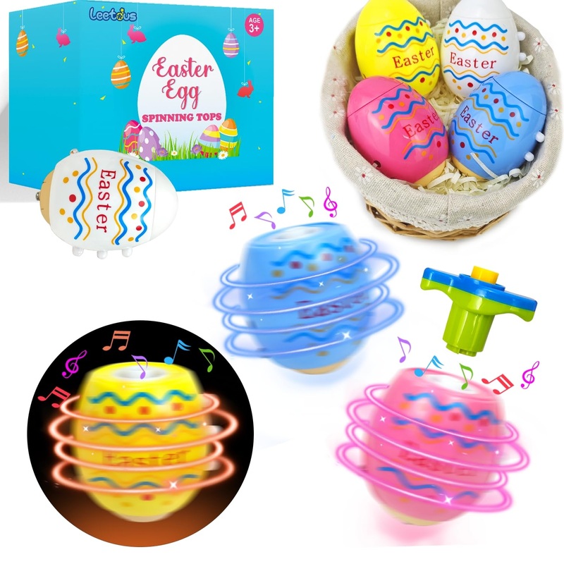 Easter Eggs Basket Stuffers Toys Gifts For Toddler Boys Girls,4 Pack Light Up Spinning Tops With Music, Non Candy Easter Egg Hun