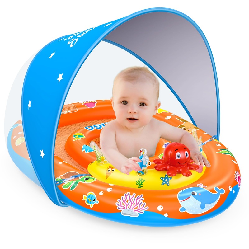 Ezigo Baby Pool Float With Canopy Upf 50+ Sun Protection, Double Air Chambers Infants Swimming Floats With Sound Toys Adjustable
