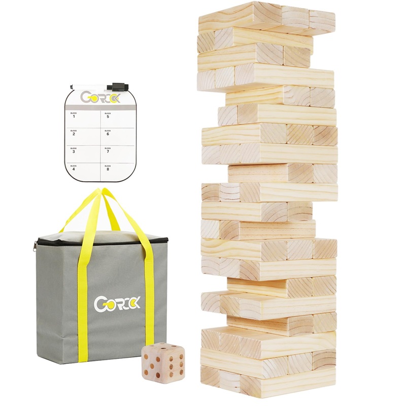 Gorock Large Size Tumble Tower 60 Pcs Wooden Block Stacking Games Stacks Over 5Ft Classic Indoor Outdoor Lawn Family Party Games