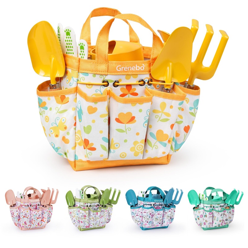 Grenebo Kids Gardening Set Toys,Includes Metal Trowel,Transplanting Shovel,Garden Hat,Rake,Apron,Gloves,Watering Can,And Tool Or