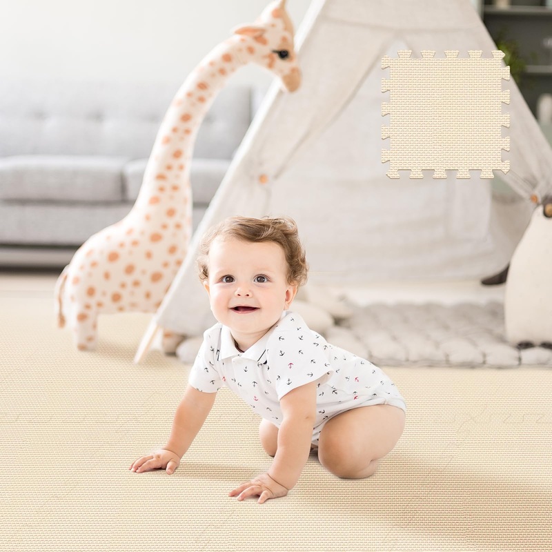 Hiwhy Puzzle Play Mat 16 Tiles With 32 Border Pieces, Interlocking Stitching Mat With Border For Living Room Playroom Gym, Beige