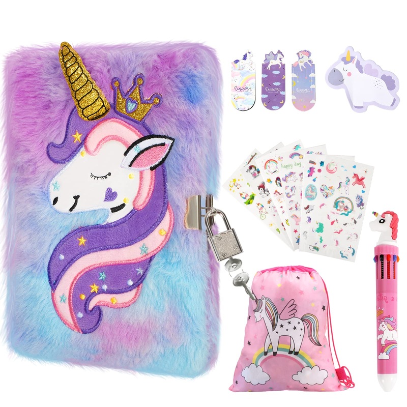 Homicozy Unicorn Diary For Girls With Lock And Keys,Tie-Dye Fuzzy Journal For Kids With 160 Lined Pages,Fluffy Secret Notebook F