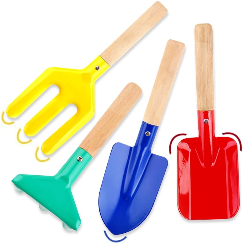 Katroiy 4 Piece Beach Toys, 8” Kids Gardening Set Metal Garden Tools With Sturdy Wooden Handle, Safe & Colorful Beach Sand Toys