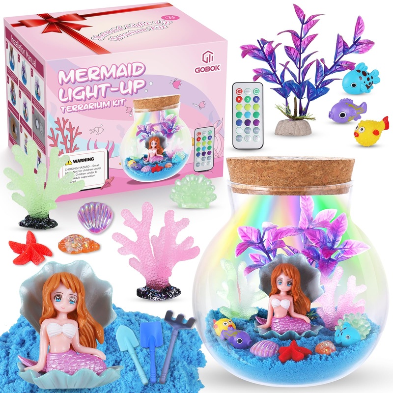 Kids Mermaid Terrarium Crafts Kit, Remote Control 13-In-1 Led Night Light Up Color, Mermaid Birthday Gifts Toys For Girls, Diy M