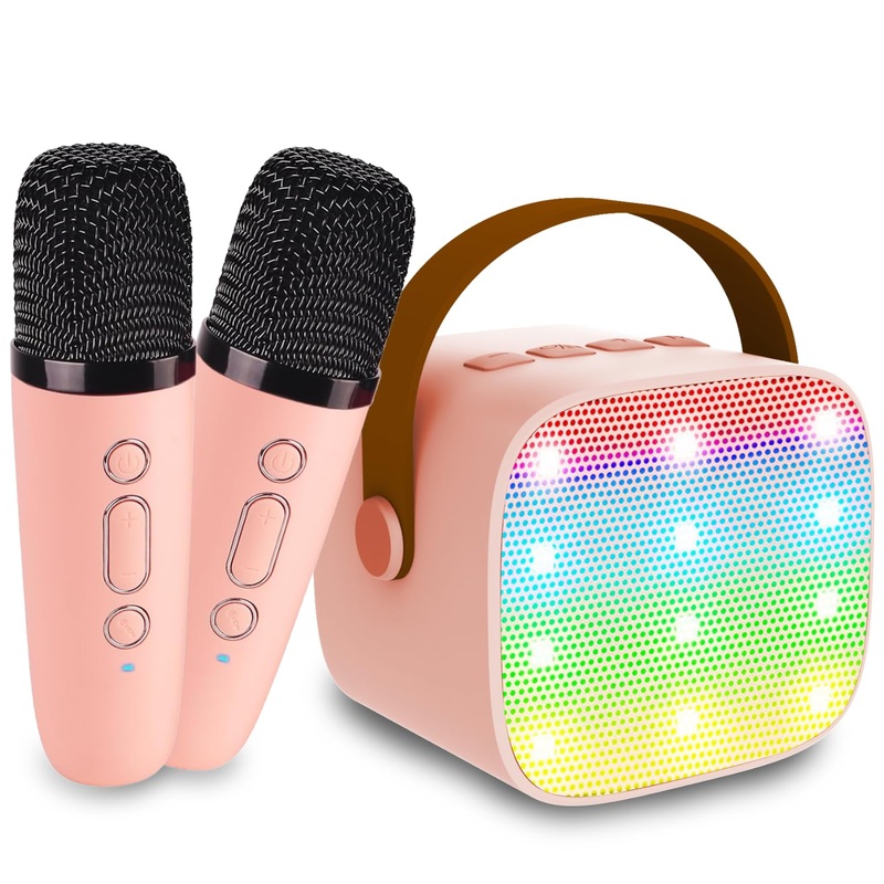 Mini Karaoke Machine For Kids Age 4-12, Bluetooth Speaker With 2 Wireless Microphone & Led Lights, Christmas Birthday Gifts For