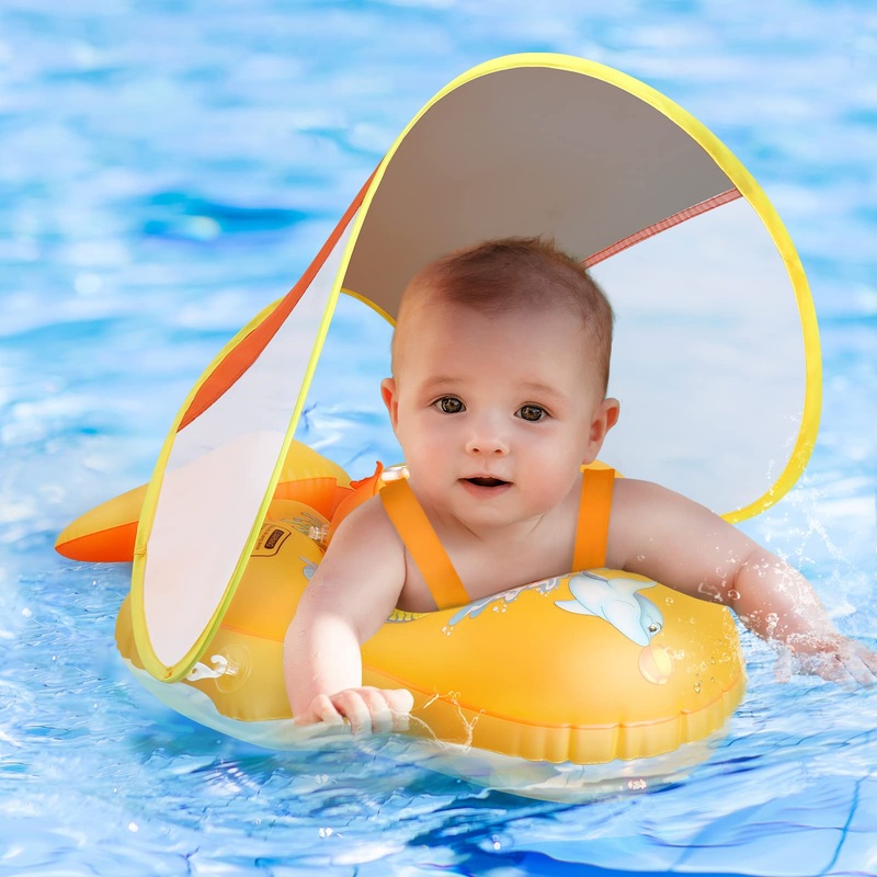 No Flip Over Baby Pool Float With Canopy Upf50+ Sun Protection, Sponge Safety Support Bottom, Fun Gifts Water Toys Accessories I