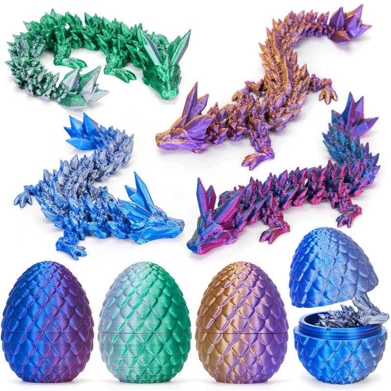 Tboline 4Pcs 3D Printed Dragon Egg, Mystery Easter Egg Articulated Crystal Animals Fidget Toy For Boy Kid, 3D Print Small Dinosa