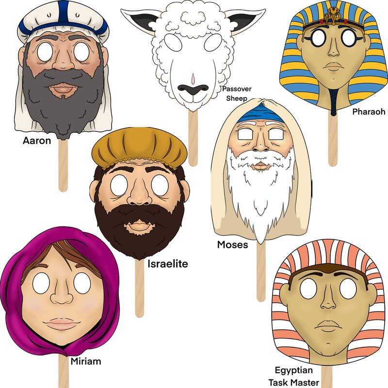 The Dreidel Company Passover Character Masks, Laminated Pesach Stick Puppets For Seder