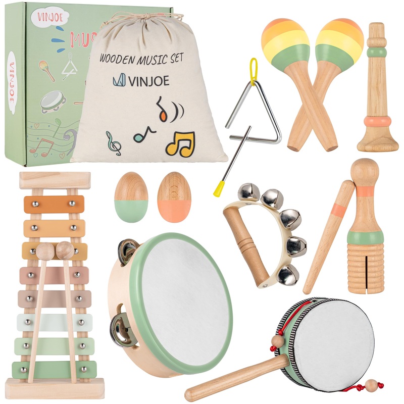 Vinjoe Baby Musical Instruments-Toddler Montessori Wooden Musical Toys For Kids 1-3, Neutral Colors Percussion Instruments Set E