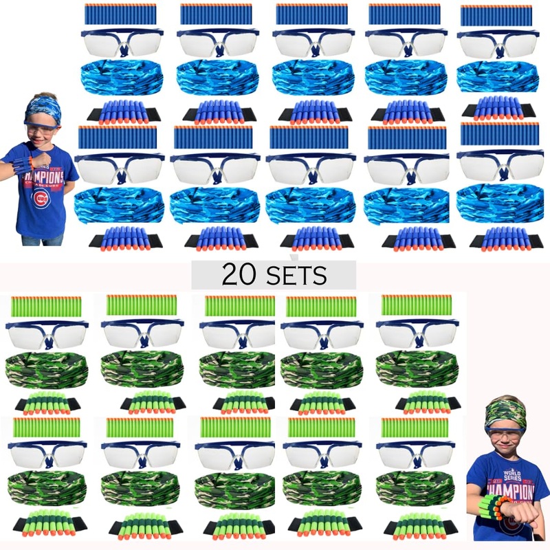 Wishery Accessories For Nerf Party Supplies – 20 Sets. Kids Birthday Favors Bulk Pack With Darts, Glasses, Masks, And Wristbands