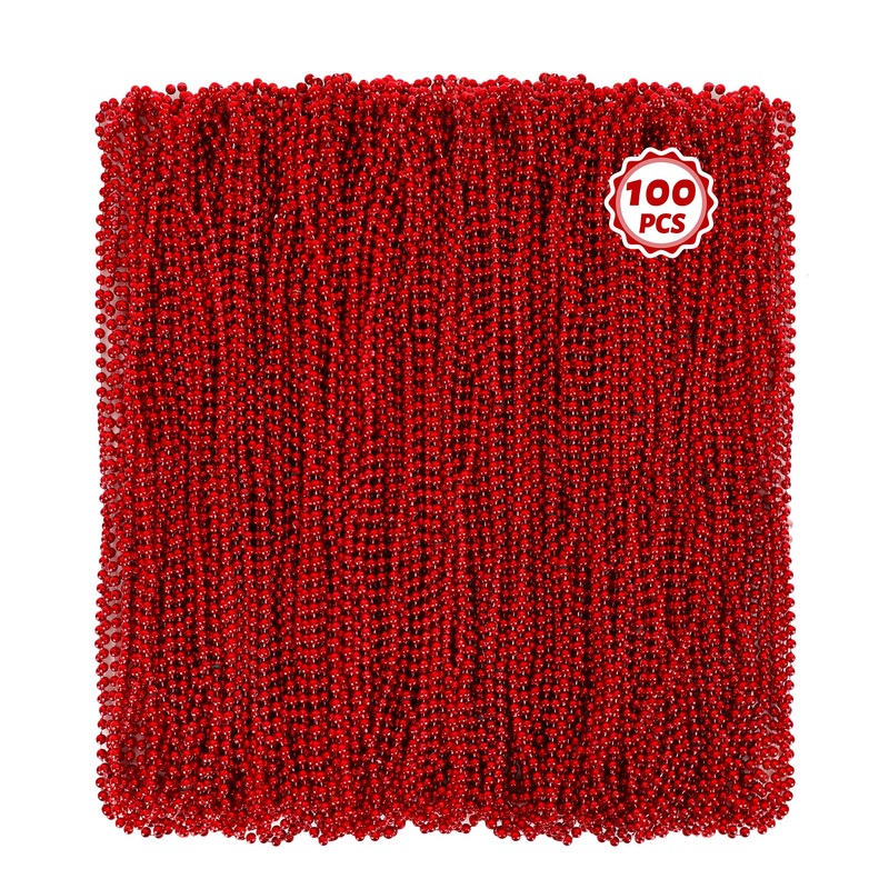 100 Pcs Christmas Beads Bulk, 33” Valentines Day Beads Necklaces, Mardi Gras Beads Necklaces Bulk, Red Round Beads For Parade T