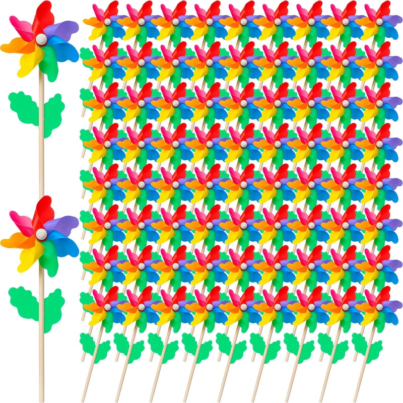 160 Pcs Rainbow Flower Pinwheels 9.84 Inch Plastic Colorful Windmills Garden Pinwheels Flower Wind Spinners With Wood Sticks For