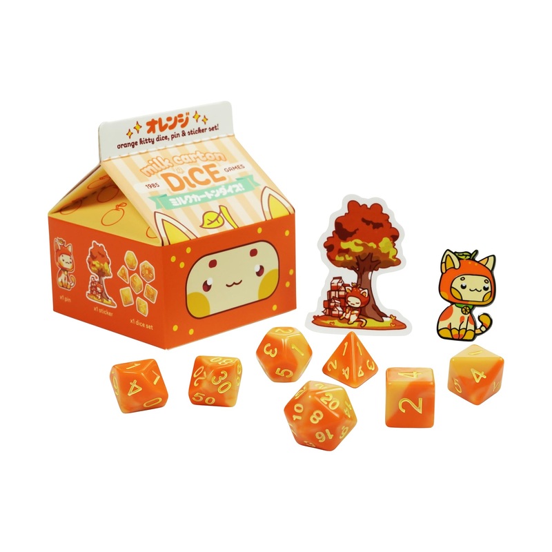 1985 Games Orange Kawaii Cat Dice Set – Milk Carton-Inspired Dice For Dnd | Ttrpgs & Tabletop Roleplaying