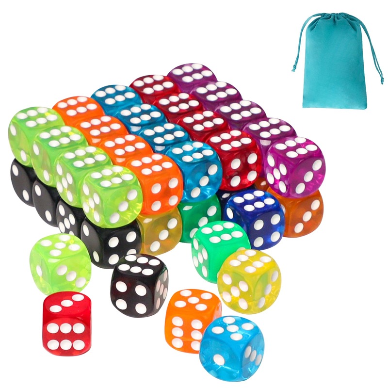 50 Pieces 16Mm Colored Dice Set, Bulk Dice In 10 Translucent Colors With A Blue Drawstring Storage Bag, 6 Sided Dice For Board G