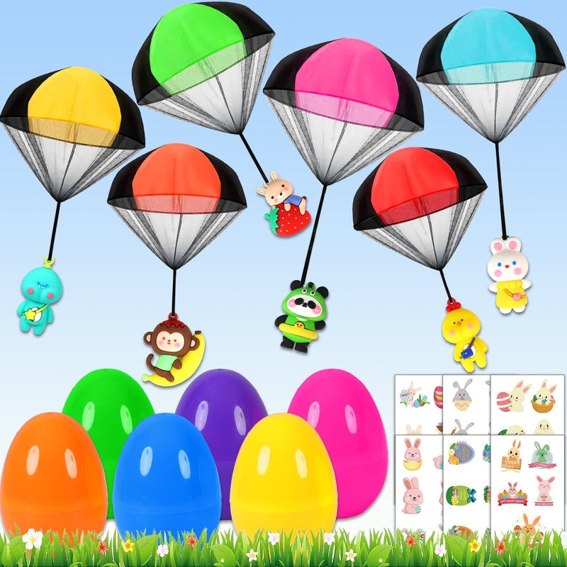 6 Pack Prefilled Easter Eggs With Parachute Toys Inside, Parachute Toys For Kids With 35 Pcs Easter Temporary Tattoos Easter Bas