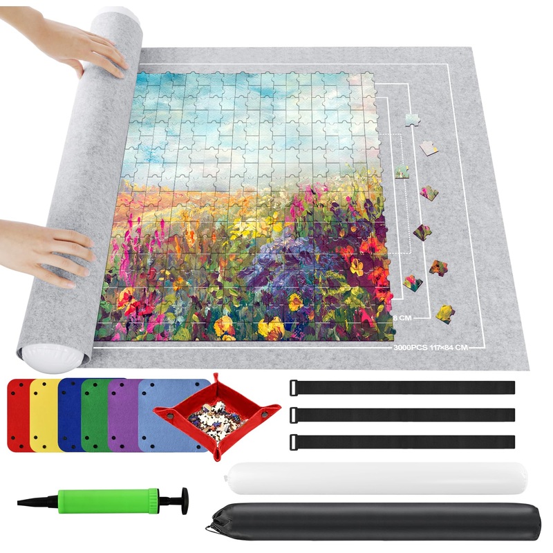 Ainiv Jigsaw Puzzle Mat Roll Up 3000 Pieces, 55” X 39” Portable Felt Puzzles Board With 6 Sorting Trays & Travel Storage Bag,