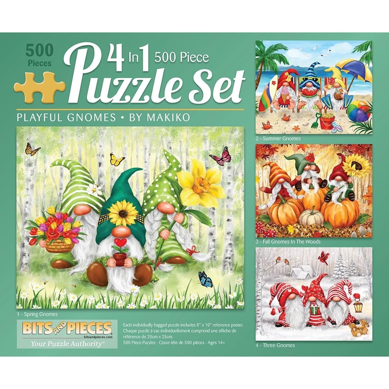 Bits And Pieces – 4-In-1 Multi-Pack 500 Piece Jigsaw Puzzles For Adults – Playful Gnomes’ Jigsaw Puzzle Set Bundle By Makiko, Co
