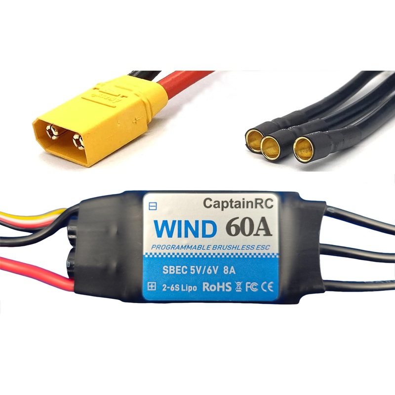 Captainrc 60A Esc With 5V 6V/8A Bec 2-6S Electric Speed Controller With Xt60 & 3.5Mm Bullet Plugs For Fixed Wing Airplane/Rc Dro