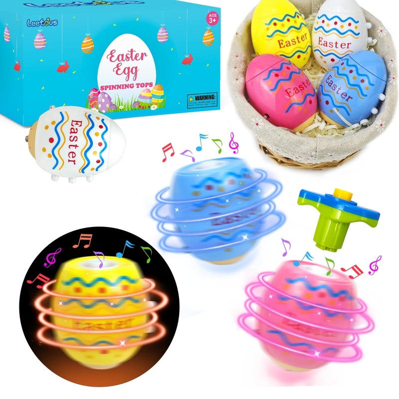 Easter Party Favors Basket Stuffers For Toddler Boys Girls,12 Pack Light Up Spinning Tops Toys With Music, Easter Egg Hunt Suppl