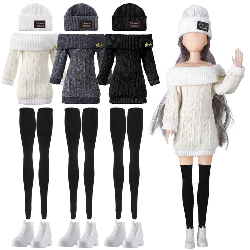 Geyoga 3 Set 12 Pcs Doll Clothes And Accessories Suit Pants Shoes Spring Sweater Outfits, Dolls Are Not Included(White, Black, G