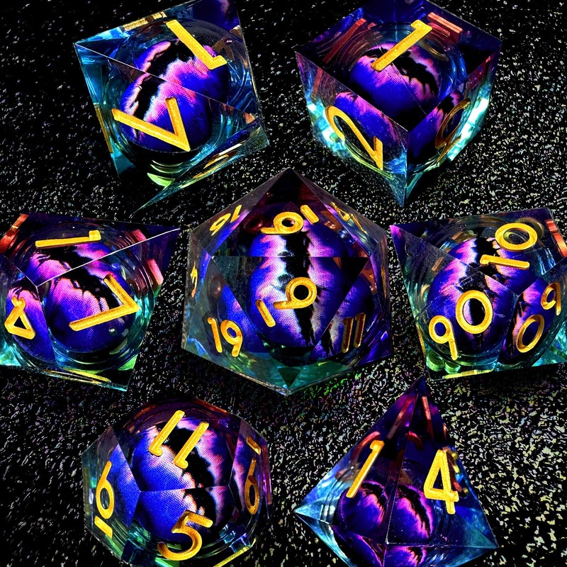 Haomeja Dnd Resin Dice Set – Beholder’S Dragon Eye Dice, Liquid Core, Sharp Edges, 7 Pcs (Eye Purple Blue)