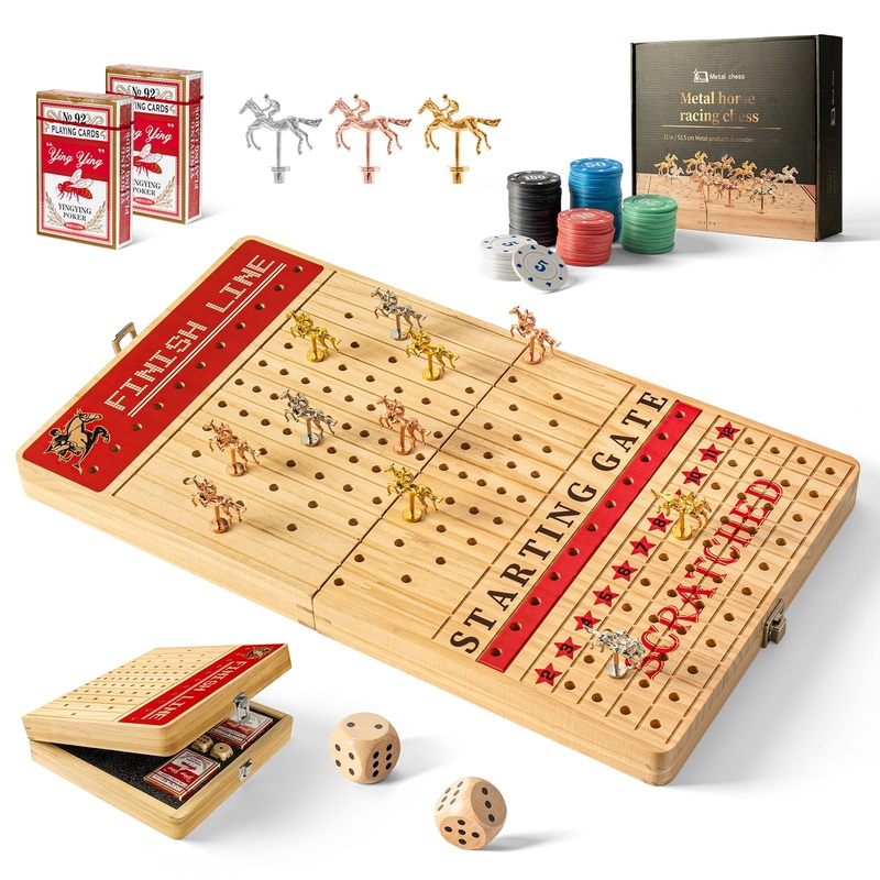 Horse Race Board Game, Large 21” Horse Racing Board Game With 11 Luxury Metal Horses, Foldable Solid Wood Horse Racing Game Wit