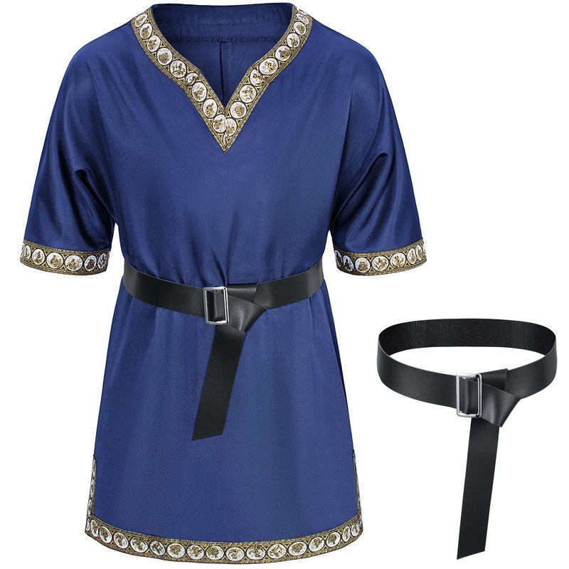 Kids Medieval Costume Boys Viking Tunic Knight Warrior Renaissance Shirts With Belt 3-4T Blue