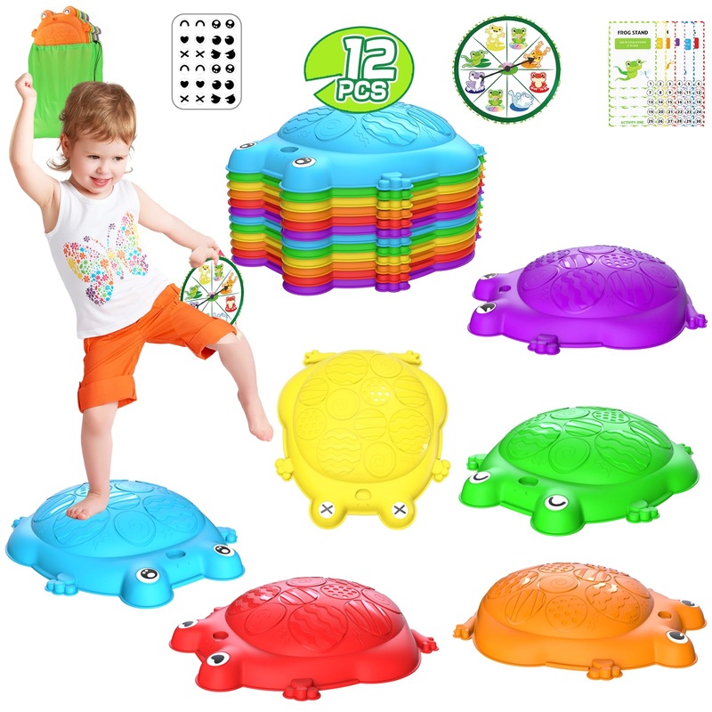 Kizjorya Stepping Stones For Kids, 12 Pcs Frog Non-Slip Balance Steps Stones Sensory Toys For Toddler Ages 3-5, Obstacle Course