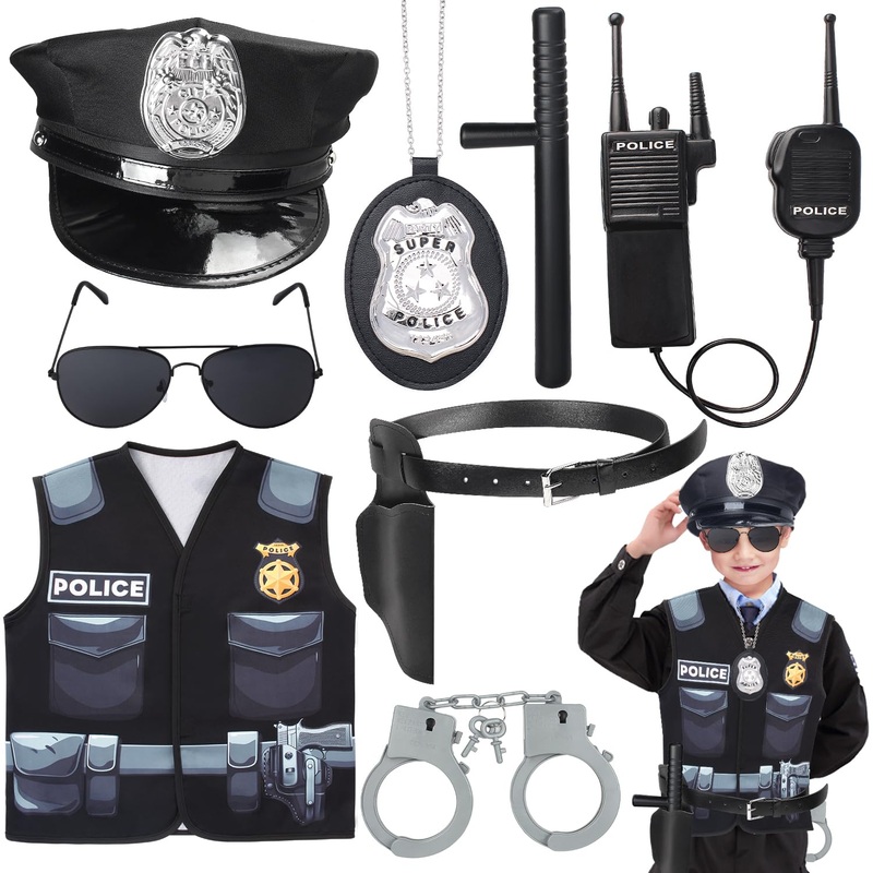 Kyson 8Pcs Police Costume Kit For Boys Police Officer Cop Dress Up Accessories Halloween Career Day (Black)